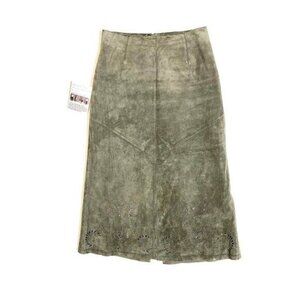 SIENA STUDIO Gray Suede Leather A Line Midi Skirt Laser Cut Hemline SZ 4 Petite